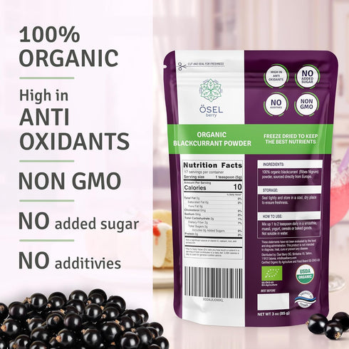 SEL BERRY 3oz Organic Black Currant Powder USDA Certified - No Sugar Added, Freeze Dried, Black Current Powder Organic