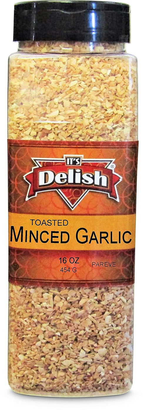 16 Oz Toasted Minced Garlic by Its Delish, Large Jar Premium Fresh Dry Roasted Chopped Garlic for Cooking, Baking