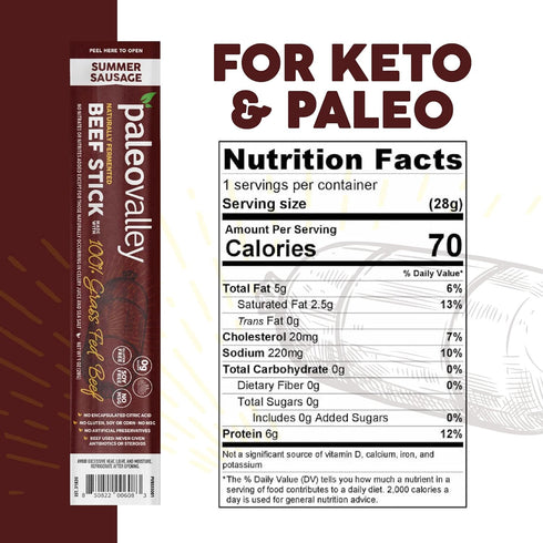 100% Summer Paleovalley Grass Fed Sausage Beef Sticks - Delicious Gluten Free Beef Snack - High Protein Keto Friendly