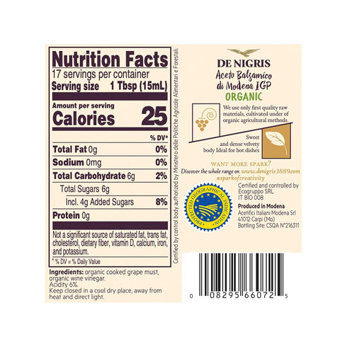 (55% 8,5 Oz (250ml) De Nigris Premium Organic Balsamic Vinegar Of Modena Grape Must) | Balsamic Vinegar From Modena