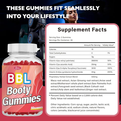 60 Counts Gummies Gummy BBL for Bigger Butt Growth and Hips, Herbal Extracts for Women Booty Natural Curvy Body