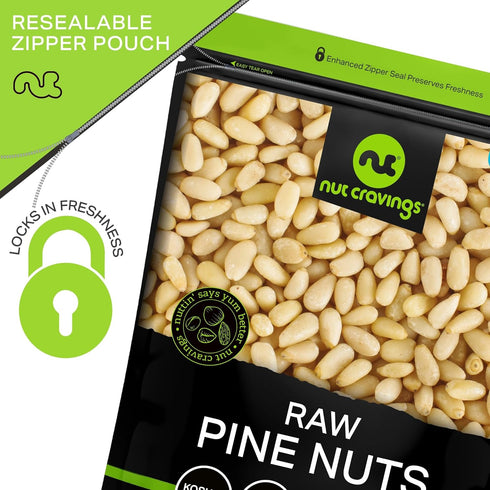(16oz 1 LB) Packed NUT CRAVINGS - Raw Pine Nuts Pignolias, Unsalted, Shelled, - Fresh in Resealable Bag - Kosher