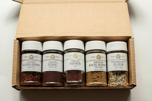 Pack 7.37 India Tree Mediterranean Spice Gift - Aleppo Pepper, Sumac, Za'atar, Ras El Hanout, and Saffron - Ounces