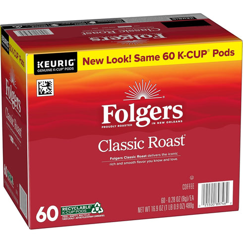 10 Count (Pack 6) Folgers Classic Roast Coffee, Medium Roast, Keurig K-Cup Pods, Box