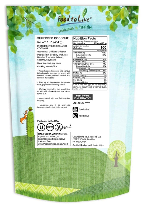 1 Food to Live - Shredded Coconut, Pound Unsweetened Coconut Flakes, Desiccated, Kosher, Vegan, Bulk. No Sulfites