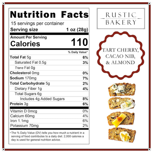 Pack 3 5 Oz Rustic Bakery Artisan Crisps - Tart Cherry, Cacao Nib, & Almond - Artisan Crackers for Cheese Platter