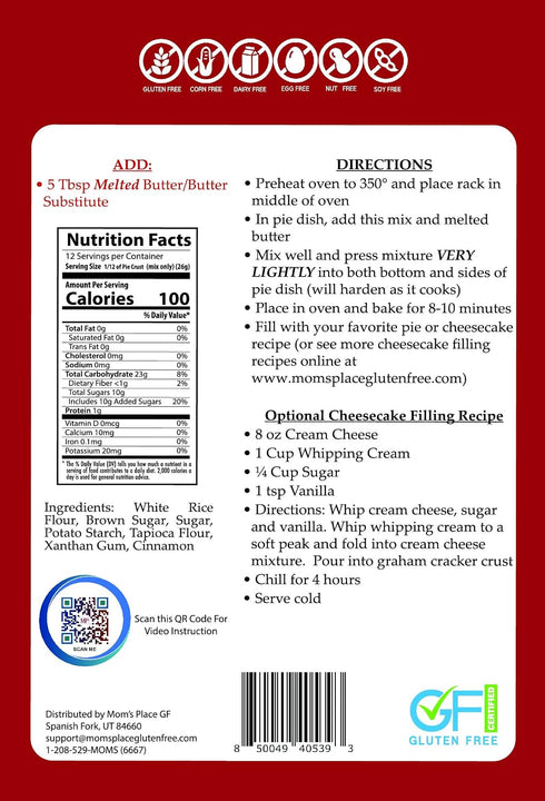 11 oz Mom's Place Gluten-Free Simple Graham Cracker Crust Mix - Dairy Free, Nut Free, Soy Free & Corn Free
