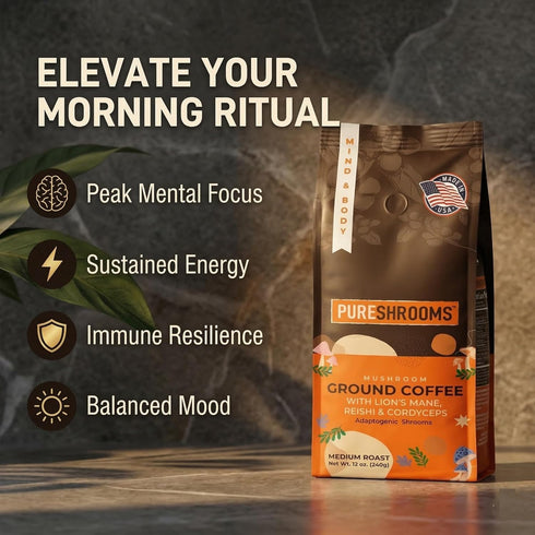340g PureShrooms Mind & Body Ground Mushroom Coffee Focus, Energy & Mood Support Premium Arabica with Organic Lions