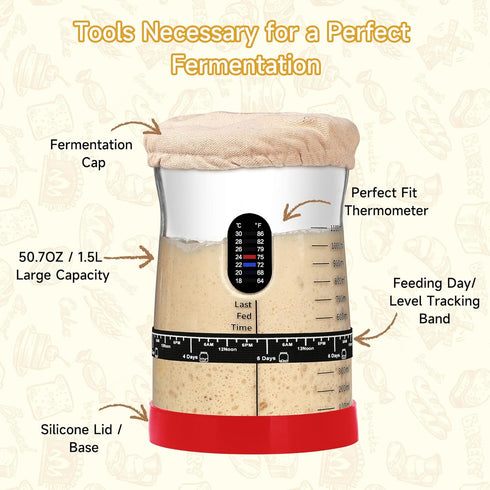 Coco Bird 50oz 17 2Set) Pro Sourdough Starter Kit- Large Capacity Sourdough Starter Jar, Flavorful Fermentation