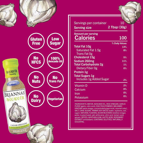 100% 10 oz. BRIANNAS - Avocado Oil Caesar Dressing - Nutrient Rich, Keto Friendly, Dairy Free Salad Dressing made