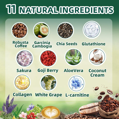 Skiseoy 20x 11-in-1 45 Collagen Chia Coffee - Coffee Shape Mix with Collagen & Chia Seeds, L-Glutathione for Skin, Hair
