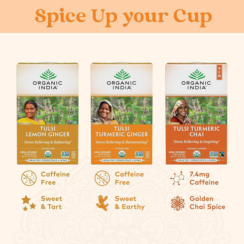 Immune 18 6 Pack ORGANIC INDIA Tulsi Turmeric Ginger Herbal Tea - Stress Relieving & Harmonizing, Support, Aids