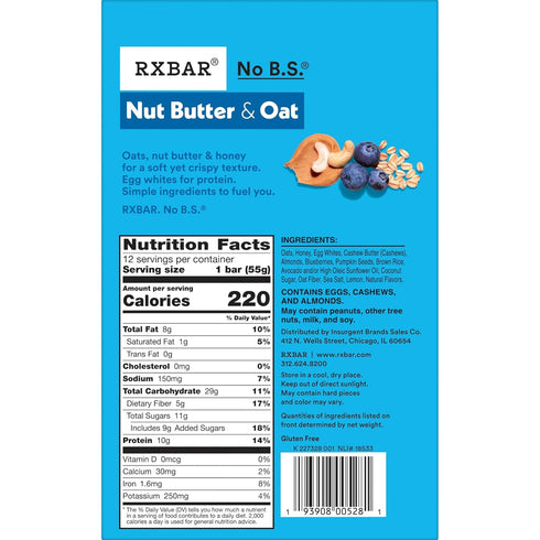 23.2oz (12 Count) RXBAR Nut Butter and Oat Protein Bars, Protein Snacks, Snack Bars, Blueberry Cashew Butter, Box