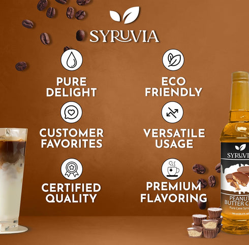 25.4 oz, Syruvia Coffee Syrup, Peanut Butter Cup Flavored Syrup for Drinks, Lattes, and Desserts fl With Pump
