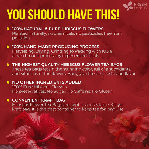 40 100% FreshDrinkUS, Premium Hibiscus Flowers Tea Bags, Natural, Pure from Hibiscus Flowers. Loose Flower Herbal Tea.
