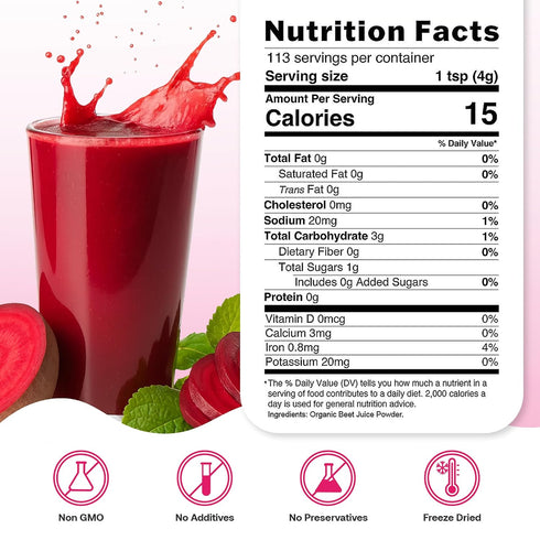 4oz, Quay Naturals Organic Beet Juice Powder, Freeze-Dried, Non-GMO, Beet Root Juice Powder for Smoothies & Baking
