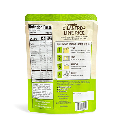 Ritikas Global Grains 90 8.8 oz (6-Count Pack) Certified Organic Cilantro Lime Rice, Ready in Seconds, Pouches