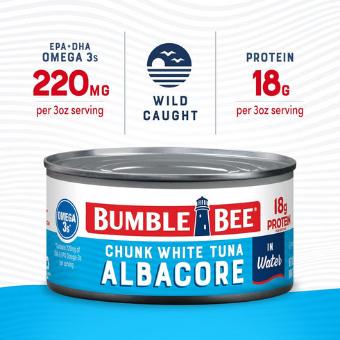 Albacore 12 oz (Pack 12) 18g Omega-3s Bumble Bee Chunk White Tuna in Water, Can of - Wild Caught Tuna - Protein per