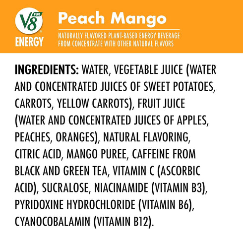 V8 8 oz (Pack 6) +Energy Peach Mango Juice Energy Drink, fl Can