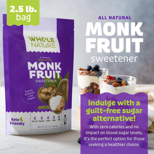 100% 2.5lb 40 oz Whole Nature Monk Fruit Sweetener With Erythritol Granulated - Pure Monkfruit Sweetener