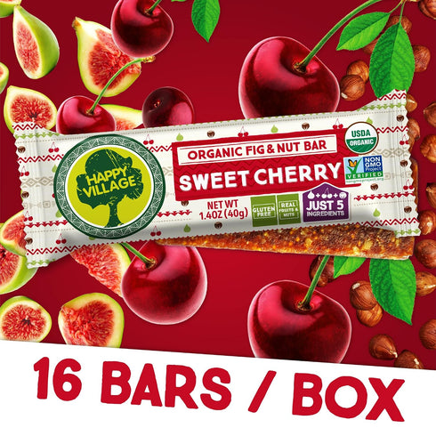 (16 1.4 OZ Happy Village Organic Fruit & Nut Bar, SWEET CHERRY | Gluten Free, No Refined Sugar, Kosher, Non-GMO, Vegan