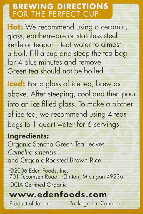 Eden Organic Green Tea with Brown Rice, Traditional Genmaicha, 16 ct Tea Bags (1.01 OZ)