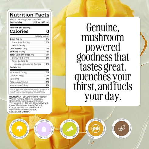 (12 Pack) Sparkling Adaptogen Drink with Lions Mane, Cordyceps, Reishi & Chaga Mushrooms + Electrolytes l No Sugar