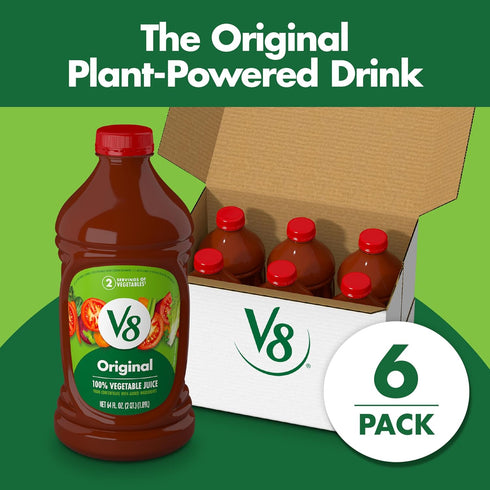V8 100% 64 (Pack 6) Original Vegetable Juice, Vegetable Blend with Tomato Juice, Ounce Bottle