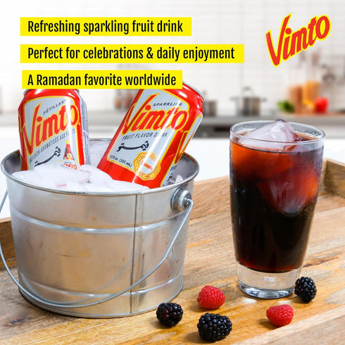12 oz (Pack 24) Vimto Sparkling Fruit Flavored Drink Soda with Natural Black Cherry, Raspberry, Black Currant Middle
