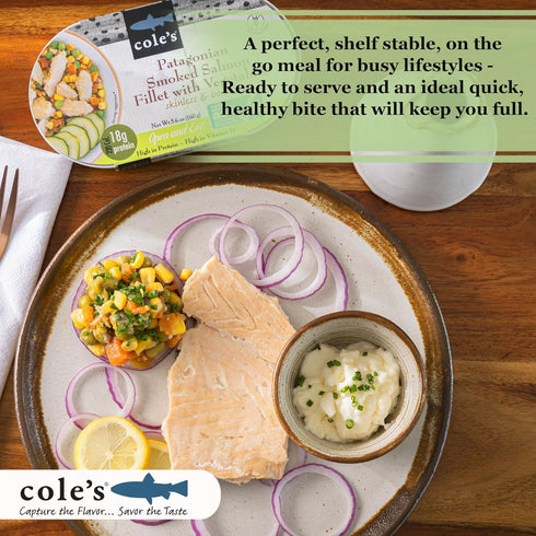 5.6 oz Hand-Packed 19g 1 COLES - Patagonian Smoked Salmon Fillet with Vegetables| Ready to Eat Meal | Canned & |