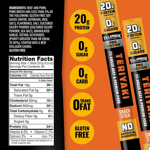 Country 2 Oz (8 Tillamook Smoker PRO Edition Meat Sticks, Zero Sugar, Teriyaki, Sticks) Real Hardwood Smoked Sausages