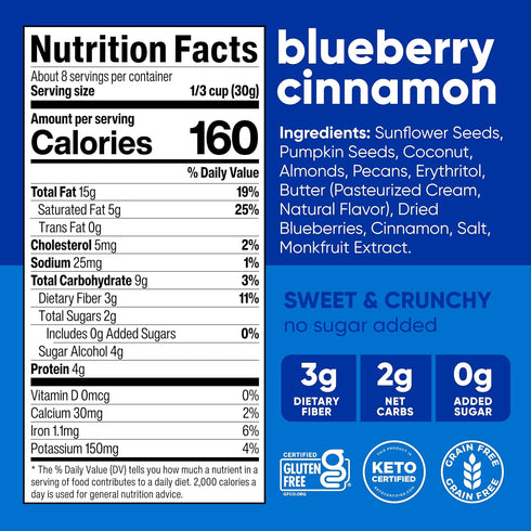 8 oz. 3 Count NuTrail Nut Granola Cereal, Blueberry Cinnamon, No Sugar Added, Gluten Free, Grain Free, Keto, Low Carb