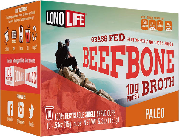 LonoLife Beef Bone Broth Powder Mix, Grass-Fed, 10g Protein, Collagen-Rich, Keto & Paleo Friendly, 10 Single-Serve Cups