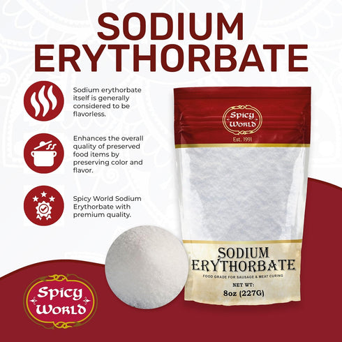 Spicy World 8oz Sodium Erythorbate Pure - Top Food Grade - Great for Sausage Making and Meat Curing