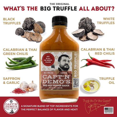 CAPT'N DEMO'S RED HOT PEPPER SAUCE Set (2 Pack CAPTN DEMOS Truffle Hot Sauce BIG TRUFFLE FLASK - Gourmet Red Sauce