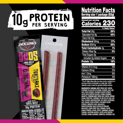 10g 100% Package, 1.84oz (10 Pack 2 Jack Link's DUOs Beef Jerky Meat Snack Sticks with Protein Original & Teriyaki