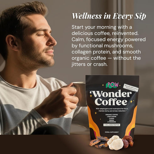 (50 28 POW Wonder Coffee Premium Adaptogenic Mushroom Coffee for Focus & Calm Energy with Lions Mane, Chaga, Reishi