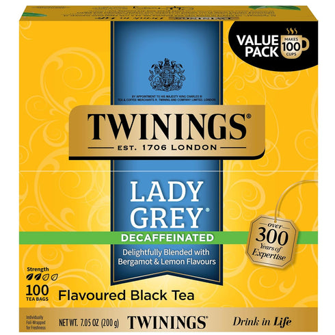 Twinings Decaffeinated Lady Grey Black Tea Individually Wrapped Bags, 100 Count (Pack