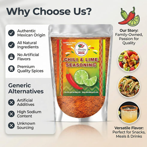 8 oz. Chili Lime Seasoning, Fresh Natural Peppers and Sea Salt with Lime. Tangy Citrus Flavor With Mild Heat, Pairs