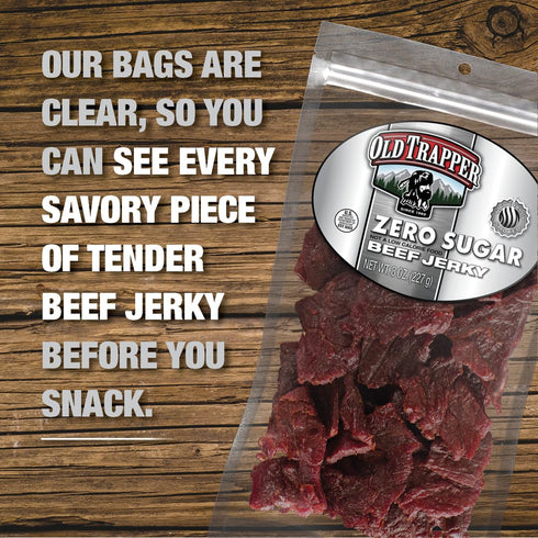 Package, 14 70 (Pack (Pack 2) Old Trapper Zero Sugar Beef Jerky, Eight-Ounce Individual Natural Wood Smoked