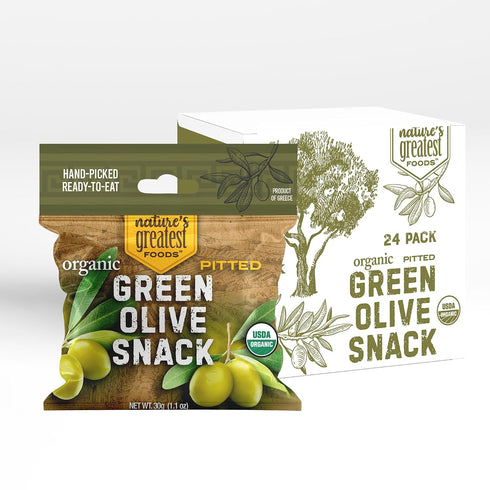 Organic Green Pitted Olive Snack by Natures Greatest Foods 1.1 Oz Ready