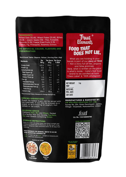 1kg Packed 13.5g True Elements Muesli Sugar Free - with Plant Protein | Breakfast Cereal | No Added Sugar
