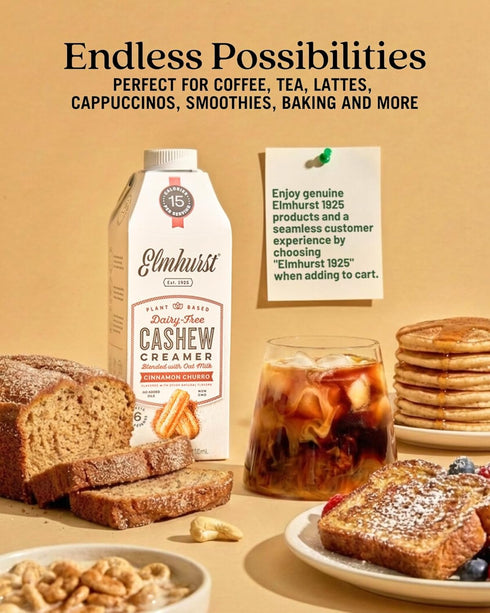 1925 25.4 (Pack 6) Elmhurst Cinnamon Churro Cashew Creamer - Dairy-Free, Vegan, Kosher, Low Sugar, Shelf Stable Creamer