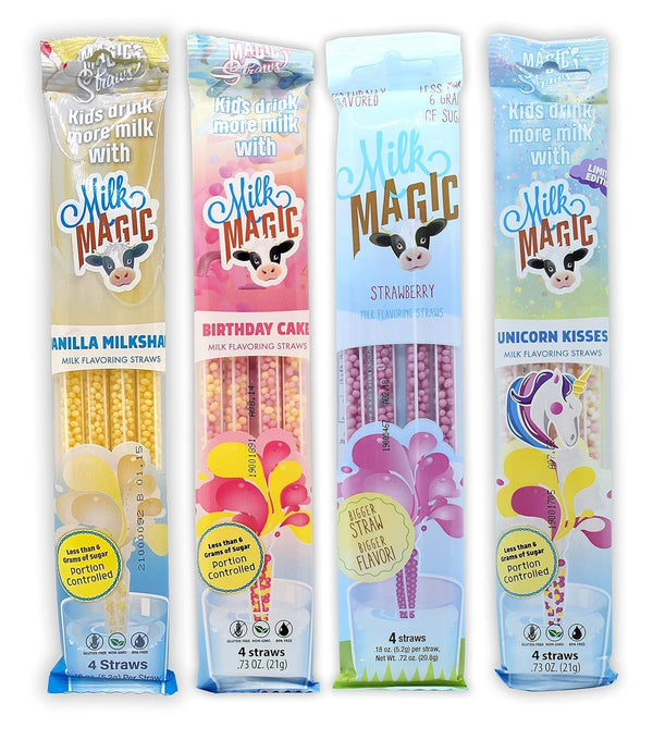 Milk Magic Milk Straws 4-Pack Bundle (16 count), Vanilla Milkshake, Birthday Cake,