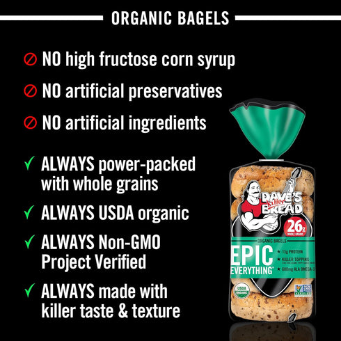 26g 5 Count Dave's Killer Bread Epic Everything Bagels, Organic Bagels, Whole Grains per Bagel