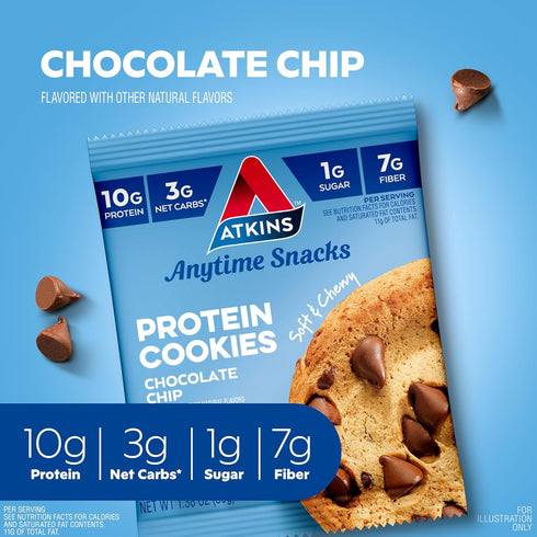 3g 1g 4 Count Atkins Chocolate Chip Protein Cookie, Protein Dessert, Rich in Fiber, Net Carb, Sugar, Keto Friendly