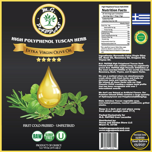 500mg/kg M.G. PAPPAS High Polyphenol Tuscan Herb Infused Olive Oil Extra Virgin - Over - Unfiltered First Cold Pressed