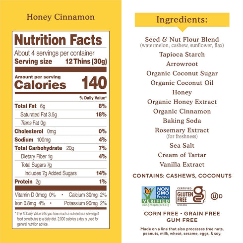 4.25oz, Pack 6 Simple Mills Honey Cinnamon Seed & Nut Flour Sweet Thins, Paleo Friendly & Delicious Sweet Thin Cookies