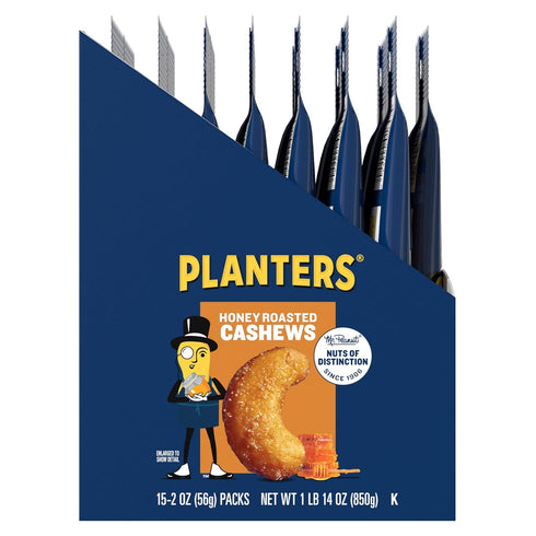 2 oz (Pack 15) PLANTERS Deluxe Honey Roasted Whole Cashews, Party Snacks, Plant-based Protein, Bags