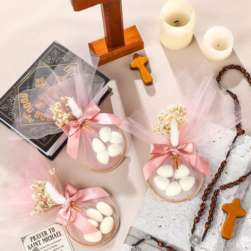 24 Set Communion Geelin Baptism Almond Candy Favors Christening Tulle Bags Rings Ribbion DIY Candy Bags First Favors